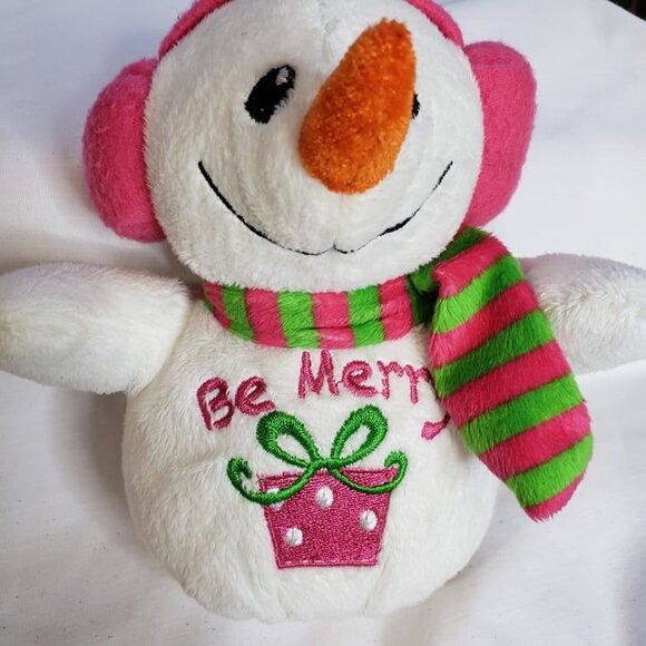 DanDee 2014 Mini Pink Be Merry Christmas Snowman Plush 9" Stuffed Beanie Holiday - Picture 1 of 8